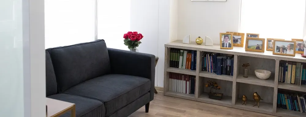 Sala de espera de la oficina, con sillón y biblioteca